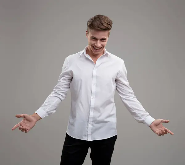 Young Man Gesture White Shirt Symbolizes Openness New Experiences Social — Stock Photo, Image