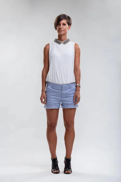 Chic Self Assured Her Ensemble Pairs Summery Shorts Statement Collar — Stock Photo, Image