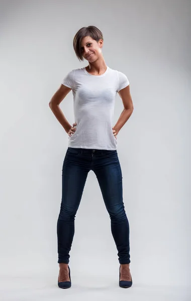 Classic Comfortable Her Ensemble Fitted Denim White Shirt Speaks Effortless — Stock Photo, Image