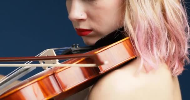Barrido Vertical Violinista Con Pelo Rubio Color Rosa Centró Hoja — Vídeos de Stock