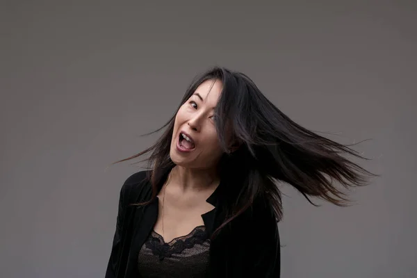 Her Laughter Rings Out Hair Tousled Joy Capturing Spontaneous Burst — Stock Photo, Image