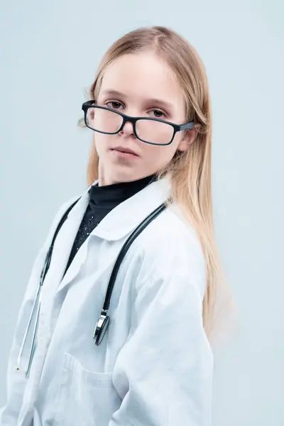 Aspiring Young Medic Lab Coat Points Future Her Vision Clear — Stock Photo, Image