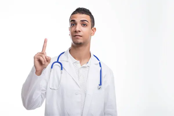 Doctors Single Raised Finger Suggests Moment Clarity Vital Health Recommendation — Stock Photo, Image