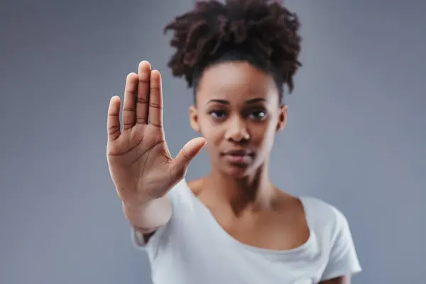 Expressing Control Open Palm She Embodies Empowerment Assertive Declaration Limits — Stock Photo, Image