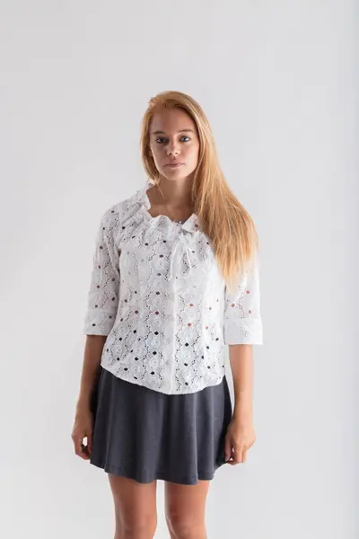 Subdued Grace Textured White Blouse Grey Skirt Her Demeanor Calm — Stock Photo, Image
