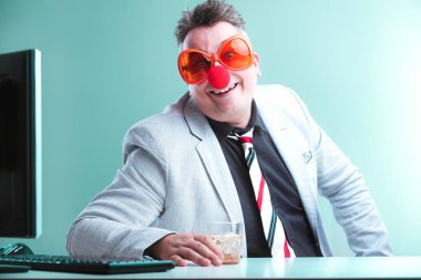 Businessman in quirky glasses and a clown nose humorously handles work while under the influence, making impractical decisions clipart