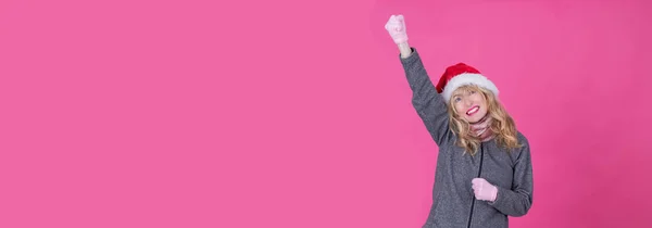 Mature Woman Victory Gesture Christmas Pink Background — Stock Photo, Image