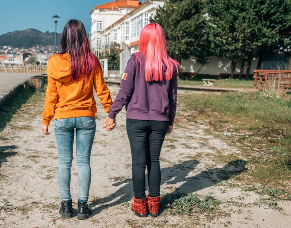 Coppia Ragazze Lesbiche Che Tengono Mano Strada — Foto Stock