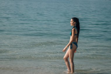 Deniz kenarında yürüyen bikinili genç bir kadın.