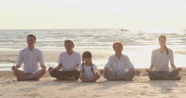 Группа Людей Практикующих Йогу Пляже — стоковое видео