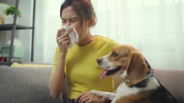 Evinde köpeği olan sevimli Asyalı kadın.