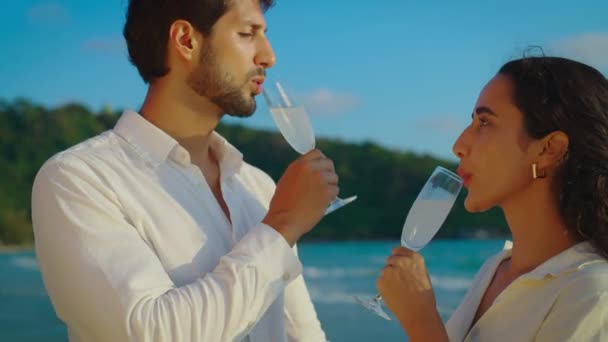 Счастливая Веселая Пара Пьет Шампанское Пляже — стоковое видео