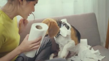 Evinde köpeği olan sevimli Asyalı kadın.