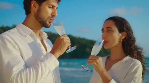 快乐快乐的夫妻在海滩上喝香槟 — 图库视频影像