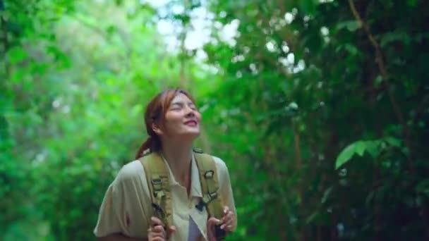 Filmato Una Bella Ragazza Asiatica Che Cammina Nella Foresta Godendo — Video Stock