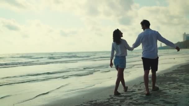 快乐快乐的夫妻在沙滩上散步 — 图库视频影像