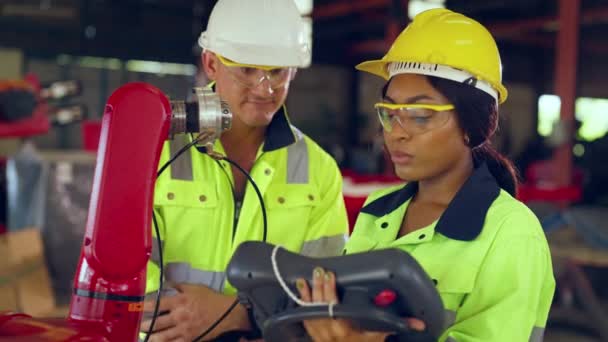 Trabajador Masculino Ingeniero Femenino Cascos Protección Que Trabajan Fábrica — Vídeo de stock