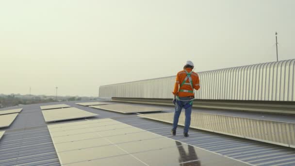 Männlicher Arbeiter Bollenhut Auf Dem Dach Des Gebäudes Mit Sonnenkollektoren — Stockvideo