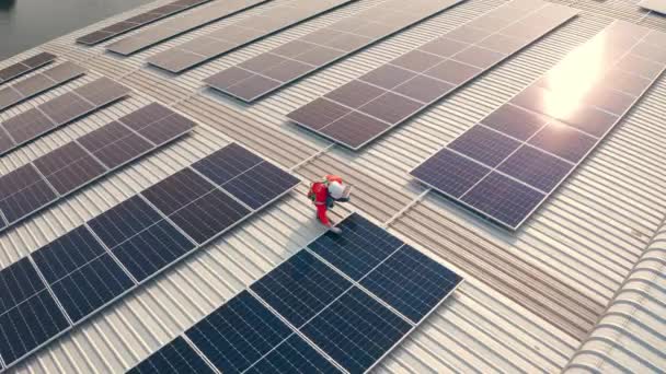在大楼屋顶安装太阳能电池板的男工 — 图库视频影像