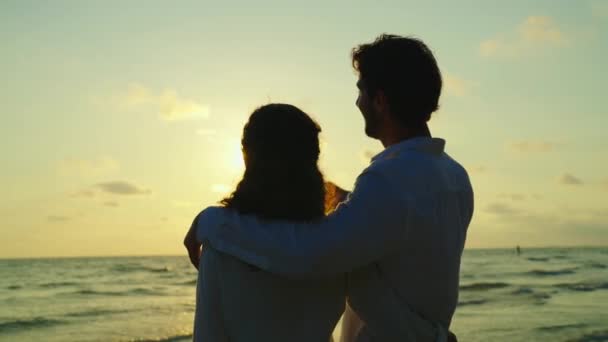 Mutlu Neşeli Bir Çift Gün Batımında Sahilde — Stok video