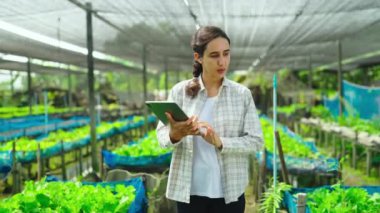 Serada tabletle çalışan genç bir kadın bahçıvan.