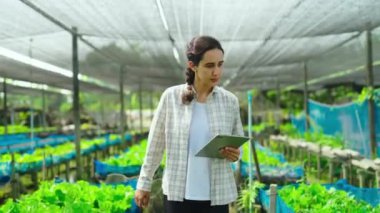 Serada tabletle çalışan genç bir kadın bahçıvan.