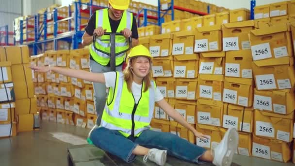 Warehouse Workers Protective Uniform Helmets Factory — Stock Video