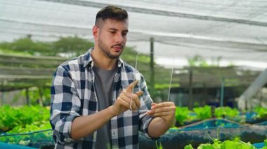 Serada çalışan saydam tabletli genç bahçıvan.  