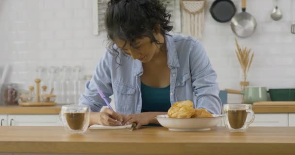 Unga Kvinnor Dricker Kaffe Köket — Stockvideo
