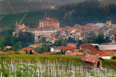 Barolo, Piedmont, İtalya. 07-15-2012 Köy ve Barolo Kalesi Manzarası.