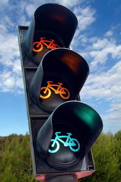 Bicycle traffic light with blue and cloudy sky background