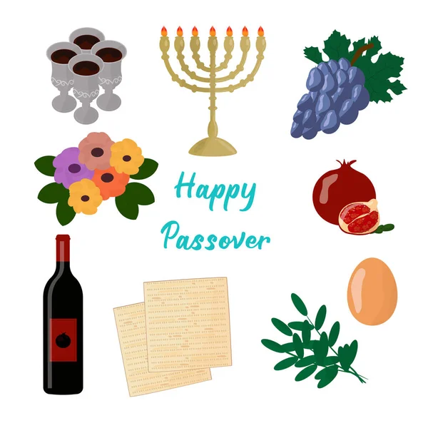 Set Pasqua Ebraica Elementi Decorativi Con Matzah Fiori Primaverili — Vettoriale Stock