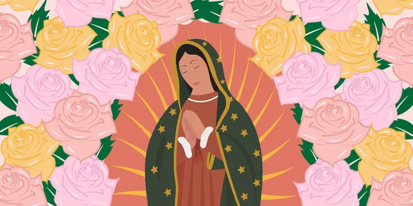瓜达卢佩的圣母 周围是玫瑰花 — 图库矢量图片#