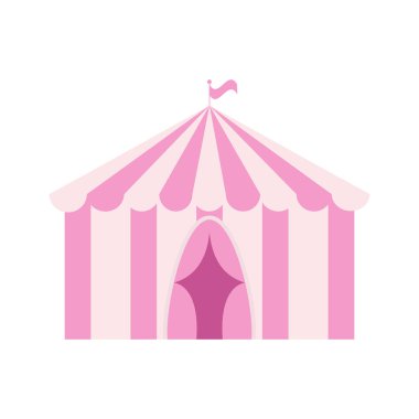Çizgili ve bayraklı açık pembe sirk çadırı.