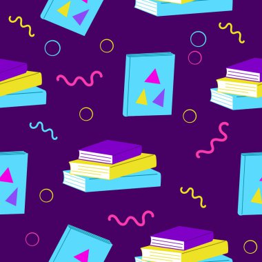 Seamless pattern of stacks of books and trendy geometric shapes. Reading time concept. Time to study, enjoy a good book, study. Hand drawn modern vector illustrations in retro 90s style.