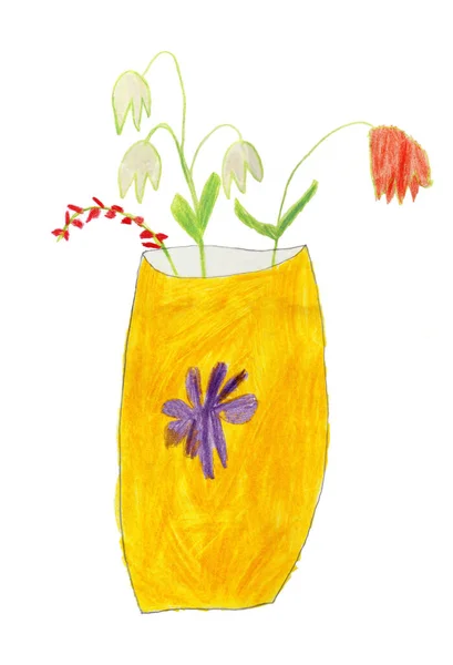 Children\'s pencil drawing of a vase of flowers.