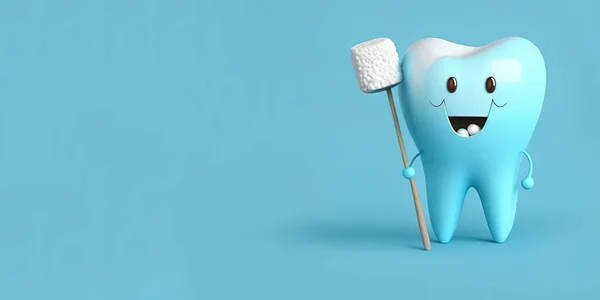 Счастливый Мультипликационный Зуб Зубной Щеткой Синем Фоне Пространством Копирования — стоковое фото