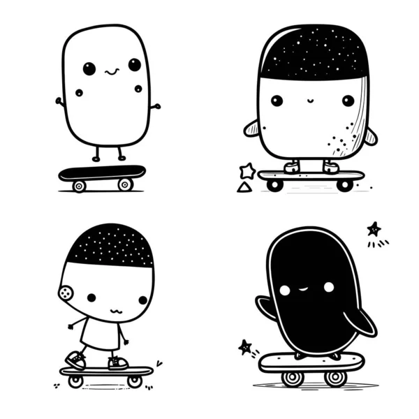 Doodle Set Sport Bambini Personaggio Skateboard Sfondo Bianco — Vettoriale Stock