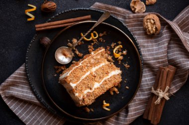 A slice of delicious homeade winter cake with walnus and cinnamon