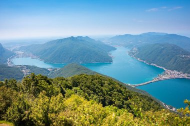 Beautiful big mountain lake with a bridge in Switzerland