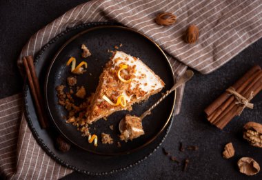 A slice of delicious homeade winter cake with walnus and cinnamon