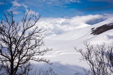 Kış manzarası, vadi ve tepeler güneşli bir günde karla kaplı.