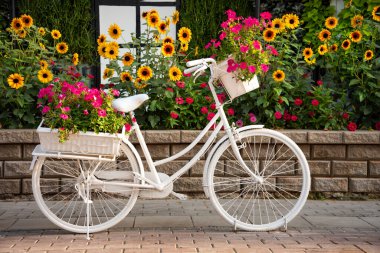 Güzel bir bahçede çiçekli kırmızı bisiklet