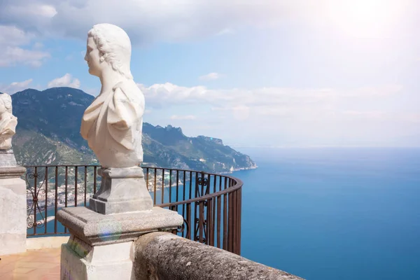 stock image Terrace of villa Cimbrone with marble statues over sea overlooking Amalfi coast