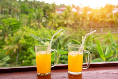 Endonezya 'nın Bali adasındaki tropikal ormana bakan kafede taze meyve suyu.