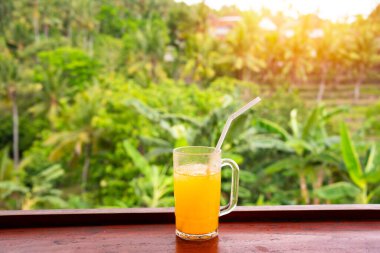 Endonezya 'nın Bali adasındaki tropikal ormana bakan kafede taze meyve suyu.
