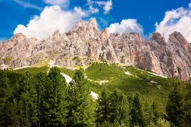 İtalya 'da Dolomite Alpleri, yüksek dağ ve yeşil orman