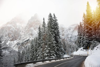 İtalya 'daki Dolomite dağlarında ormanların arasında kış yolu