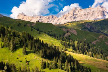 İtalya 'da Dolomite Alpleri, yüksek dağ ve yeşil orman
