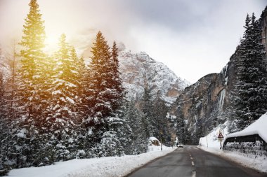 İtalya 'daki Dolomite dağlarında ormanların arasında kış yolu